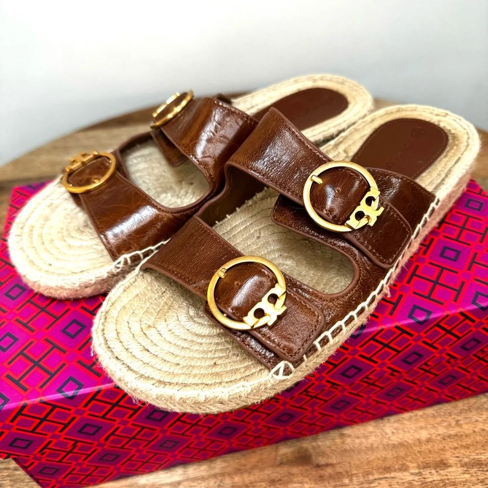 Tory Burch Selby Two Band Espadrille Slide Sandal Waxy Napa Leather Syru…